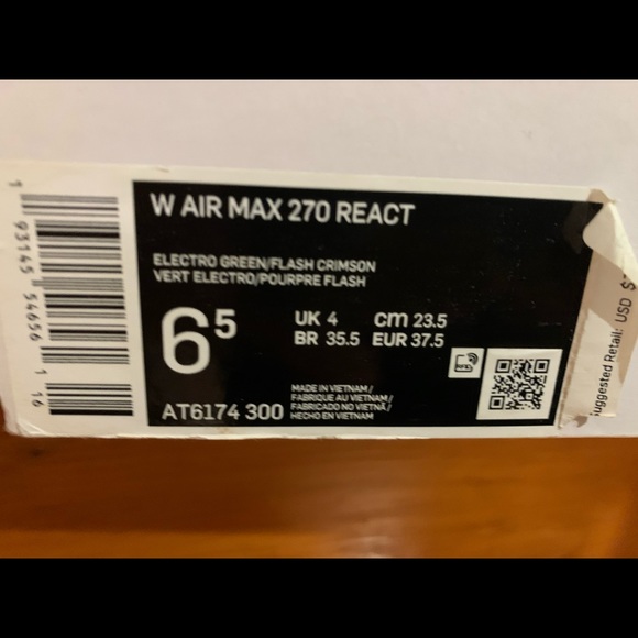 NIKE Women’s Air Max 270 React , Size 6 1/2. Electric Green/ Multi color - Picture 7 of 7